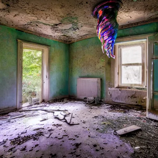 Image similar to abandoned cottage interior filled with iridescent jellyfish