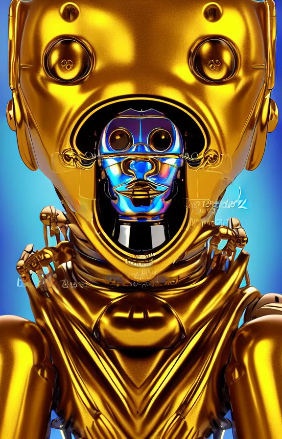 Prompt: portrait of a robot humanoid alien with golden armature, monkey alien face and medieval helmet. Galactic iridescent background in the style of Tim white and moebius