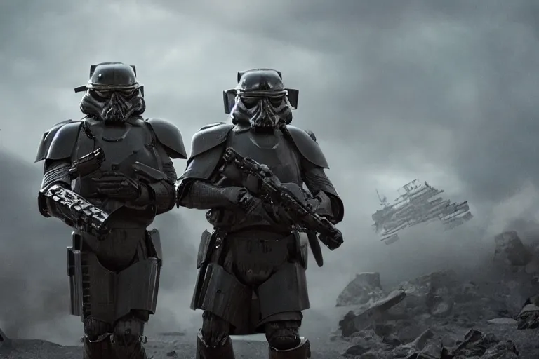 Prompt: black armor helghast soldier kerberos panzer cop sith trooper hybrid in a still of illang the wolf brigade ( 2 0 1 8 ) film, vfx, post processed