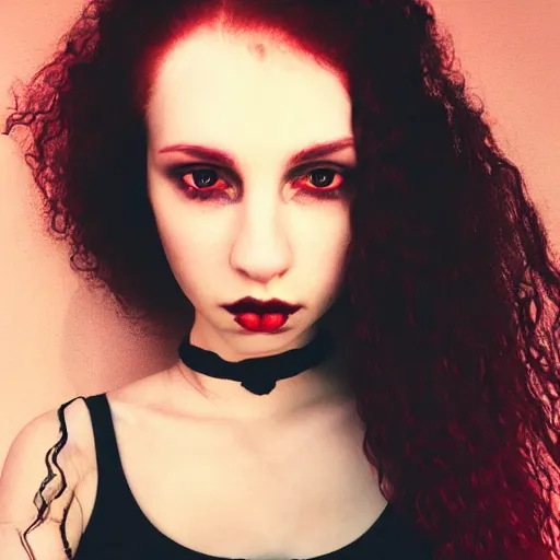 Prompt: beautiful necromancer girl with red wavy hair and piecing eyes, soft flawless pale skin, wearing a black crop top photography dramatic dark lighting, hyperrealistic