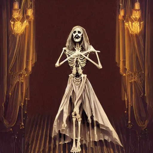 Image similar to a skeleton women as a opera singer, singing at a opera house, skeletal woman singing a melancholy song, melancholy vibe, historical, intricate, highly detailed, dynamic lighting, digital art, digital painting, artstation, wlop, sharp focus, illustration, art by artgerm and greg rutkowski and alphonse mucha