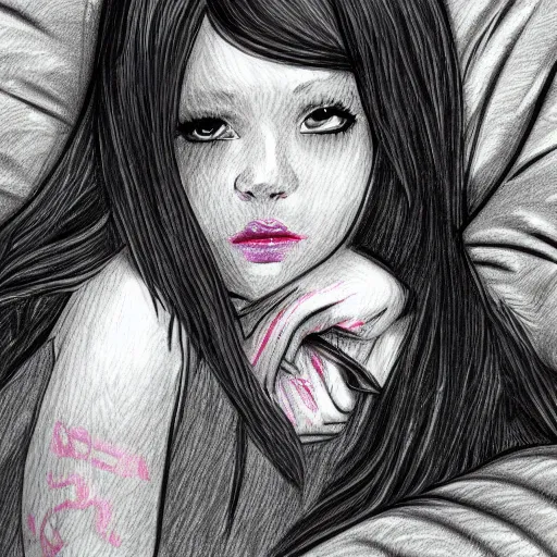 Prompt: teenage emo girl on a bed, pencil doodle, digital art