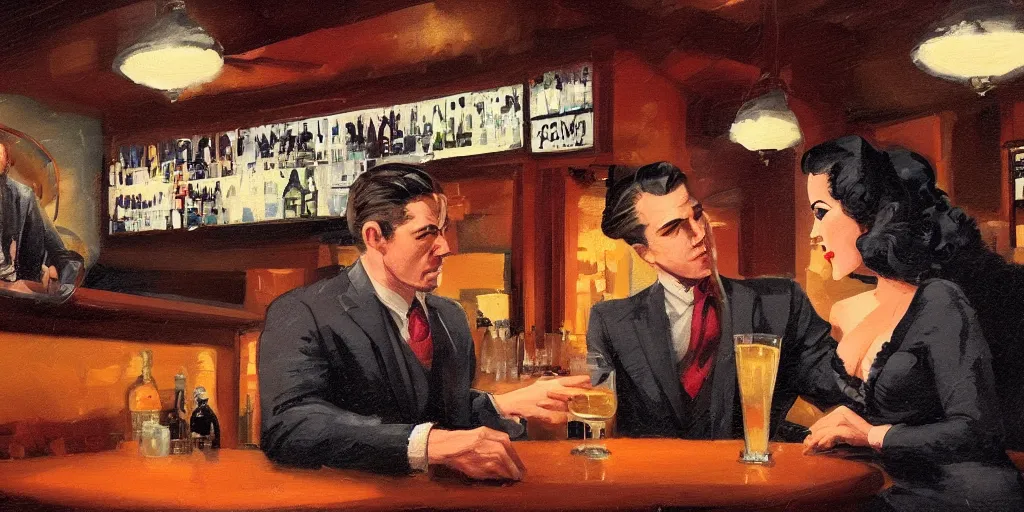 Image similar to a man wearing a tie is having a drink with a femme fatale at the bar of a 4 0 s jazz club, warm color palette, night time, dramatic lighting, noir film, character sheet, fine details, high contrast, blacksad, kim jung gi, greg rutkowski, trending on artstation, 8 k, front view, back view, ultra wide angle