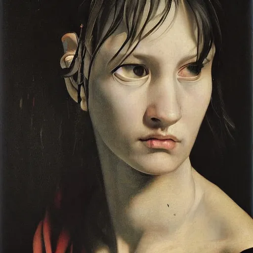 Image similar to cyberpunk portrait by caravaggio, award winning, masterpiece, intricate, dramatic light, detailed, asymmetrical, dark