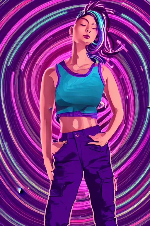 Image similar to a award winning half body portrait of a beautiful woman in a croptop and cargo pants with ombre purple pink teal hairstyle and hands in pockets by ari liloan, surrounded by whirling illuminated lines, outrun, vaporware, shaded flat illustration, digital art, trending on artstation, highly detailed, fine detail, intricate