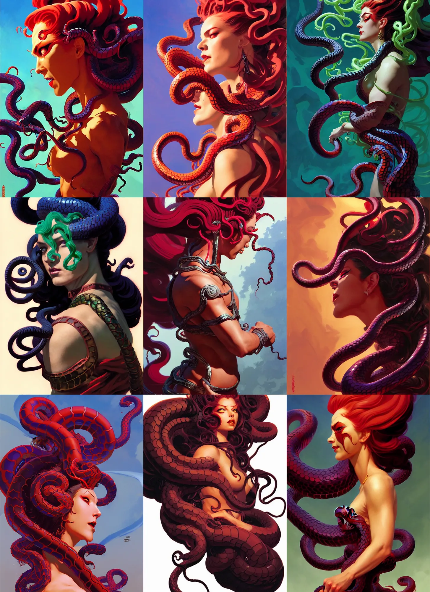 Prompt: side profile, medusa, evil naga, red eyes, snake hair, armor, shadowy swirly ripples, inky nightmare colors, by greg manchess, huang guangjian, gil elvgren, sachin teng, greg rutkowski, jesper ejsing, ilya kuvshinov