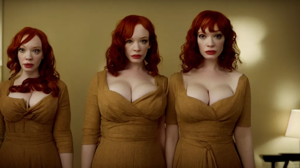 Image similar to a very surprised beautiful Christina Hendricks and her twin sister in the living room, film still from the movie directed by Denis Villeneuve with art direction by Salvador Dalí, wide lens