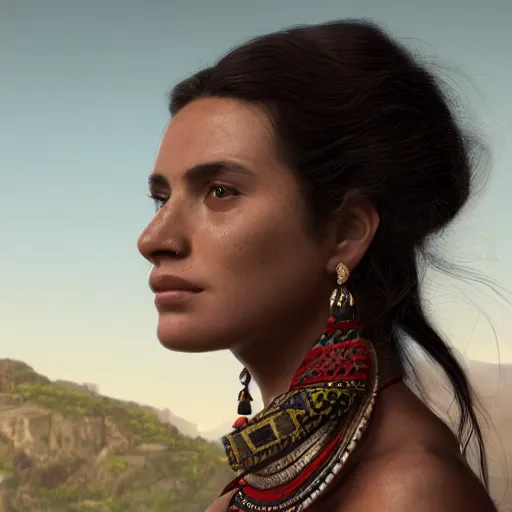 Prompt: a portrait of an aztec female, dark eyes, dark hair, olive skin, depth of field, zeiss lens, detailed, centered, artstation, by Annie Leibovitz and Steve McCurry, David Lazar, Jimmy Nelsson, Breathtaking, 8k resolution, extremely detailed, beautiful, establishing shot, artistic, hyperrealistic, beautiful face, octane render