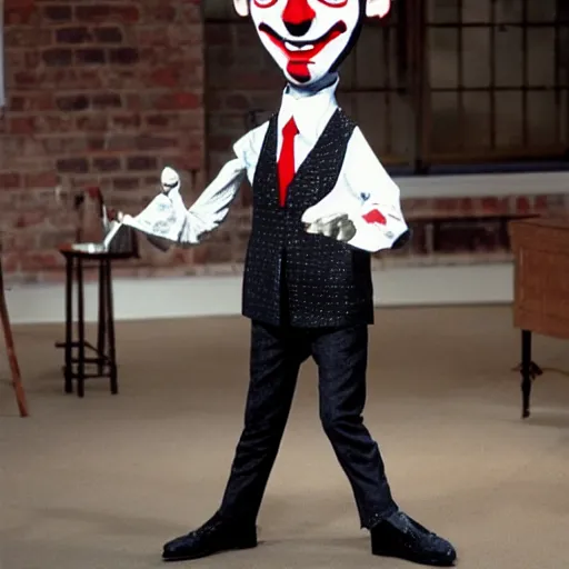 Prompt: mr bean dressed as the jigsaw puppet from saw riding around on a little tricicle