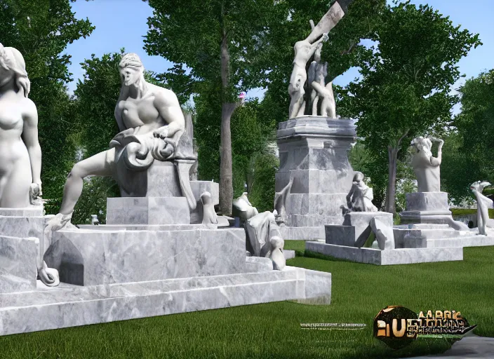 Prompt: a park with many marble statues, unreal engine,