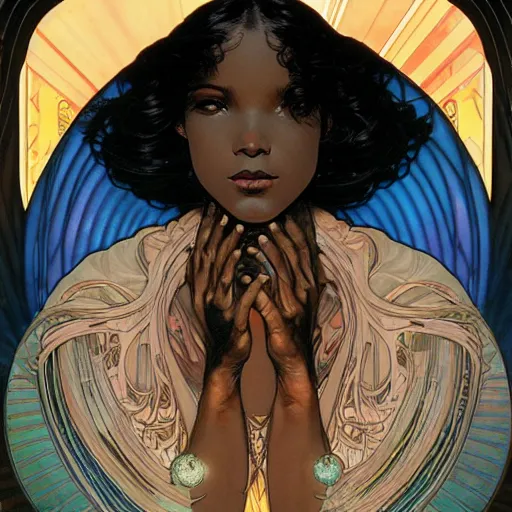 Prompt: beautiful face portrait of a black woman, bald, glowing blue circuits, cyberpunk, by alphonse mucha, amano, karol bak, greg hildebrandt, jean delville, and mark brooks, art nouveau, neo - gothic, gothic, rich deep moody colors