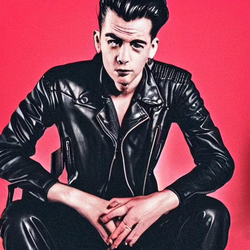 Prompt: 1 9 5 0 s greaser male wearing black leather jacket sitting on a dark throne, red film grain filter, highly detailed, realistic, chromatic aberration, sharp black shadows