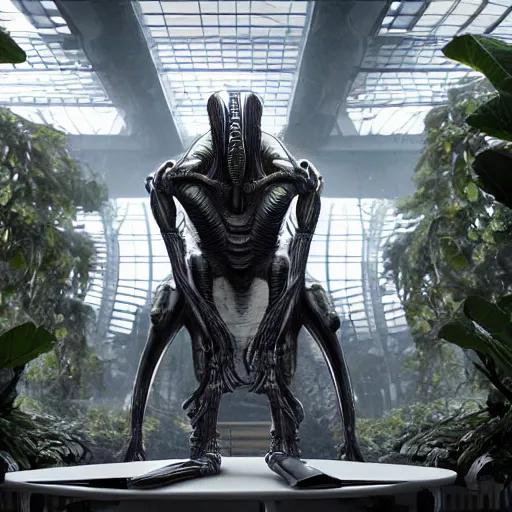 Prompt: cyborg human Xenomorph giant sitting at a table inside the depths of futuristic citadel, amazing 8k character concept art, plant conservatory biolab, fineline detail, cinematic quality, vray 8k render