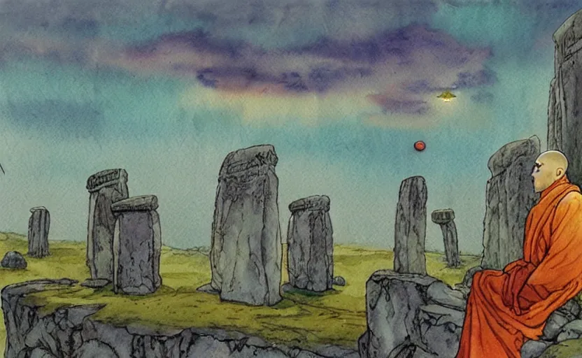 Image similar to a realistic and atmospheric watercolor fantasy concept art of giant monk with a long forehead in grey robes sitting in stonehenge. in the background a ufo is in the sky. by rebecca guay, michael kaluta, charles vess