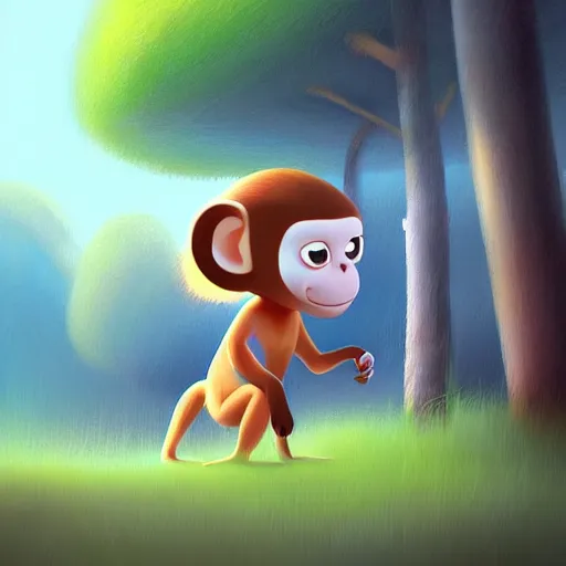 Image similar to goro fujita ilustration a baby monkey walking in the forest, painting by goro fujita, sharp focus, highly detailed, artstation