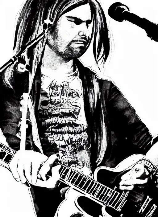 Image similar to Illustration of Jeremy Corybyn rocking on stage with Nirvana, rock, stage, music, digital art