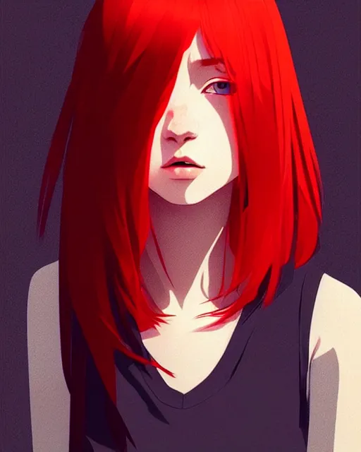Image similar to a detailed portrait of a pretty!!!! woman with red hair and freckles by ilya kuvshinov, digital art, dramatic lighting, dramatic angle
