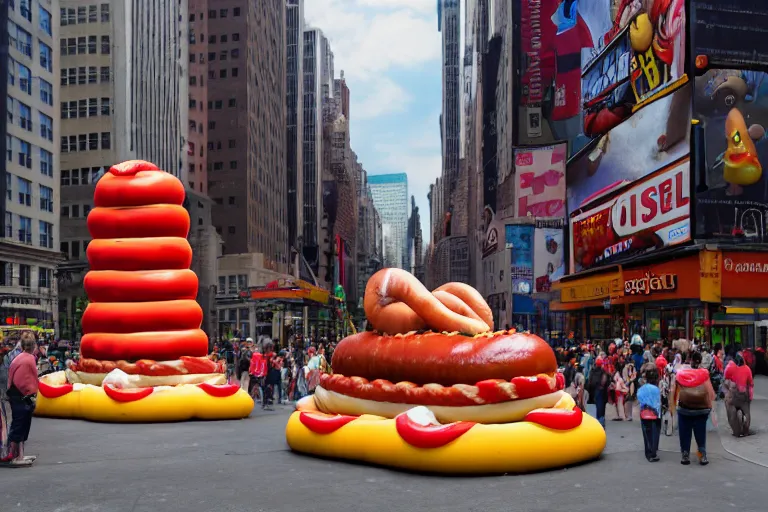 Prompt: a photograph of a giant hotdog sculpture in the center of a new york street, a large crowd have gathered, by Claes Oldenburg, pop art, 3D render, Volumetric dynamic lighting, Highly Detailed, Cinematic Lighting, Unreal Engine, 8k, HD