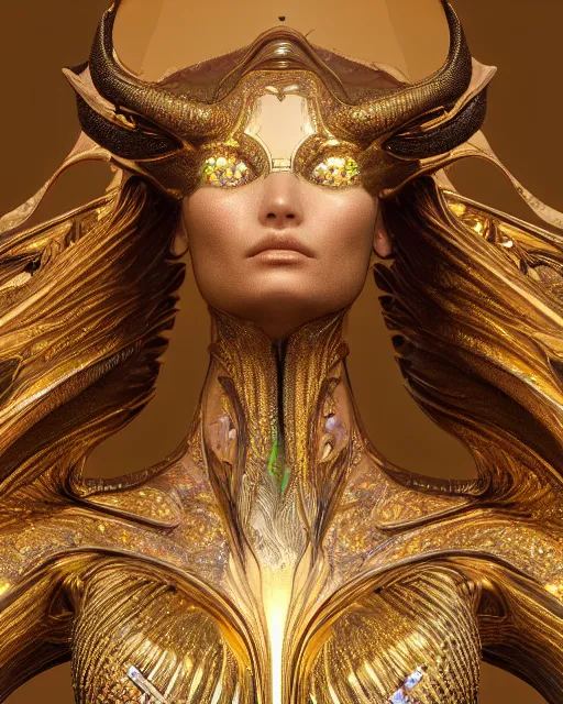 Image similar to a highly detailed metahuman 4 k close up render of an alien goddess bella hadid monument dragon in iris van herpen dress schiaparelli in diamonds crystals swarovski and jewelry iridescent in style of alphonse mucha gustav klimt trending on artstation made in unreal engine 4