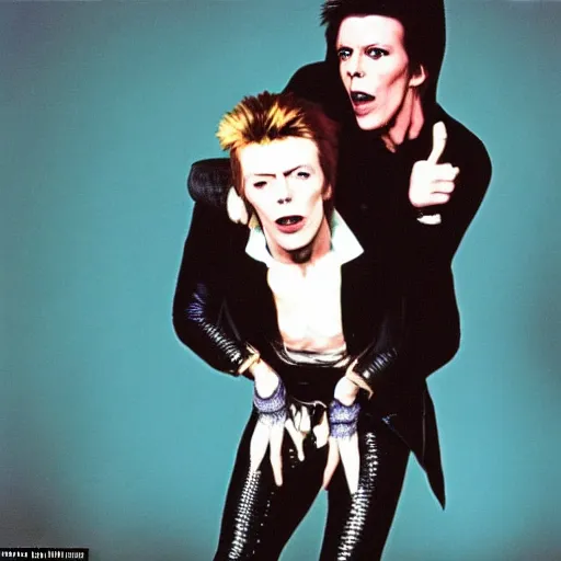 Prompt: david bowie from changes giving a piggy back ride to ziggy stardust. glam rock. by andy warhol