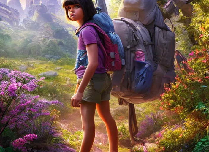 Image similar to real teen dora the explorer. epic cinematic hyperrealism masterpiece. realistic poster with shaded lighting by craig mallismo, artgerm, jeremy lipkin and michael garmash, unreal engine, radiant light, detailed and complex environment, octane photoreal 3 d render, art station trends