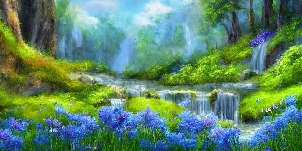 Prompt: a fantasy meadow landscape with waterfall, lake, river, and patches of blue flower, digital art, painterly