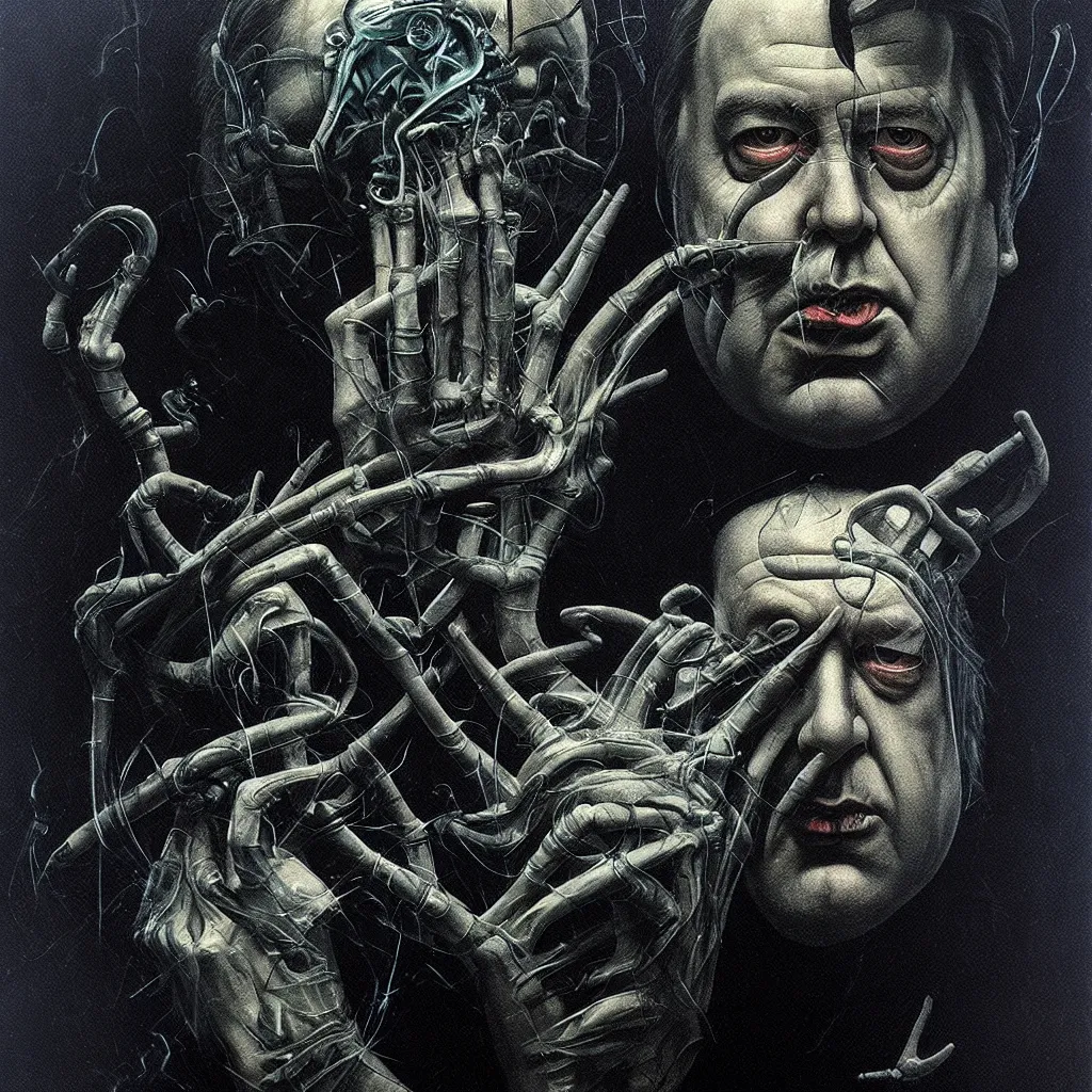 Image similar to futuristic portrait of bill hicks smoking in the style of hans giger, dark atmosphere, lovecraftian background, lynchian atmosphere, film noir, concept art, art by kuvshinov ilya and zdislav beksinski and wayne barlowe and hans giger