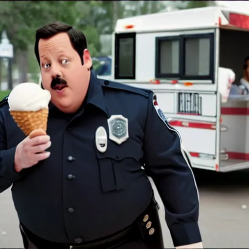 Image similar to paul blart getting hit by an ice cream truck, still from paul blart mall cop