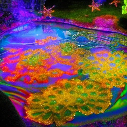 Prompt: crystalline flowers illuminate the otherworldly dichroic pond, fog, godlight, happy, colorful, glow, stars, golden ratio