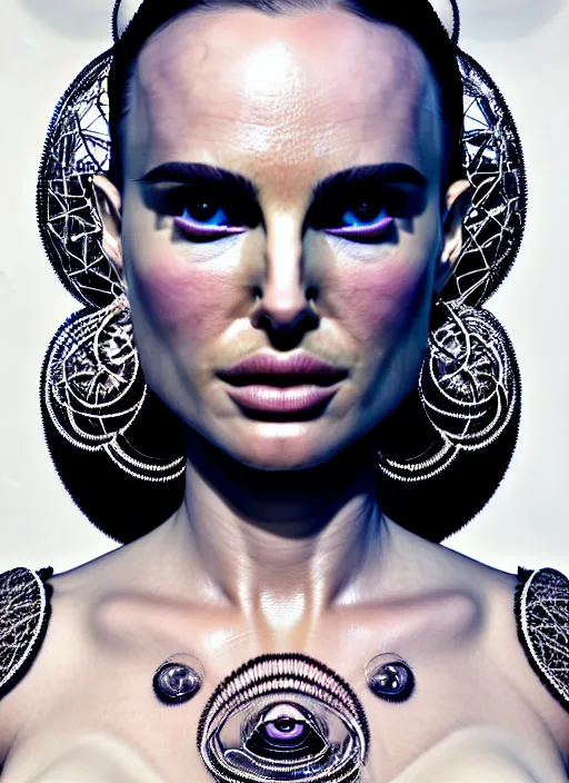 Prompt: portrait of an absurdly beautiful, graceful, sophisticated, fashionable futuristic woman, facial piercings, natalie portman, heavy body modification, hyperdetailed illustration by irakli nadar and alexandre ferra, intricate linework, white porcelain skin, faberge, intricate chrome headdress, dark atmosphere, unreal engine 5 highly rendered, global illumination, radiant light, detailed and intricate environment