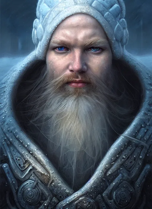 Image similar to closeup portrait shot of a snow viking in a scenic dystopian environment, intricate, elegant, highly detailed, centered, digital painting, artstation, concept art, smooth, sharp focus, illustration, artgerm, tomasz alen kopera, peter mohrbacher, donato giancola, joseph christian leyendecker, wlop, boris vallejo