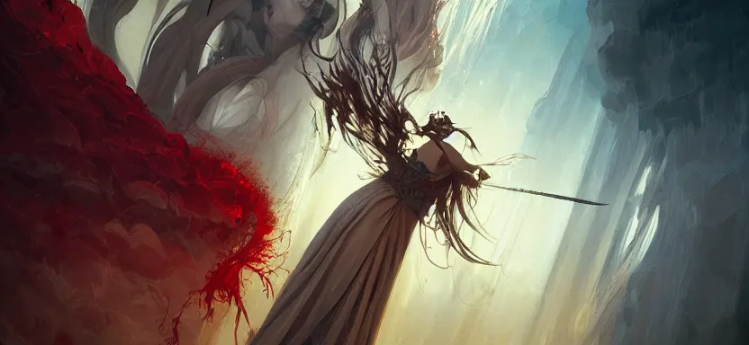 Image similar to sacred vampire, red sea, sword attack, epic, magic light, ghosts, acanthus scroll, ceremonial clouds, dripping paint, fibonacci rhythm, artstation, art germ, wlop, karol bak, christopher balaskas, ross tran