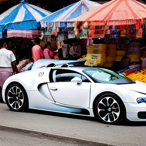 Prompt: a bugatti veyron in an indonesian market, street photography