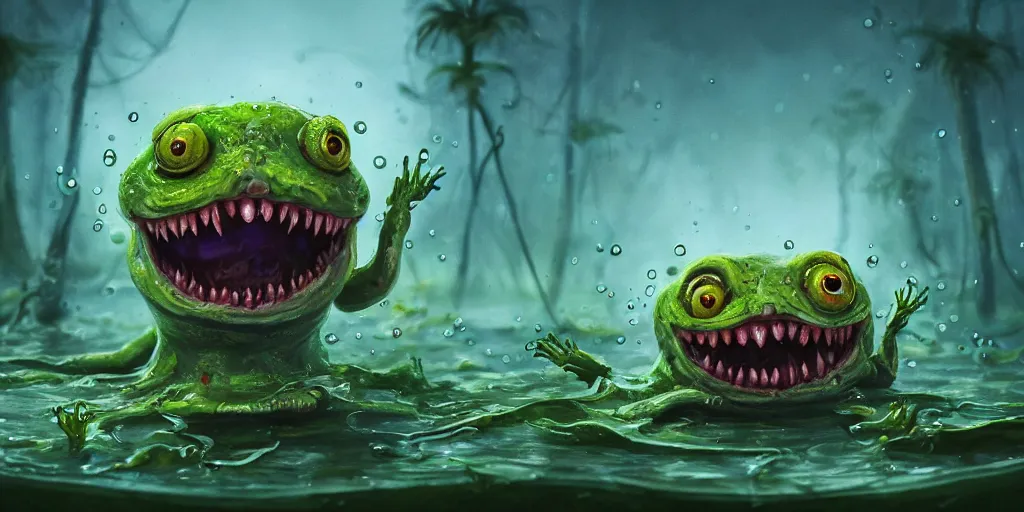 Prompt: of an intricate murky pond with strange cute friendly happy creatures with huge eyes long tongue round teeth and funny face appearing from the water, in the style of craola, macro lens, shallow depth of field, highly detailed, digital painting, trending artstation, concept art, illustration, cinematic lighting, vibrant colors, photorealism, epic, octane render