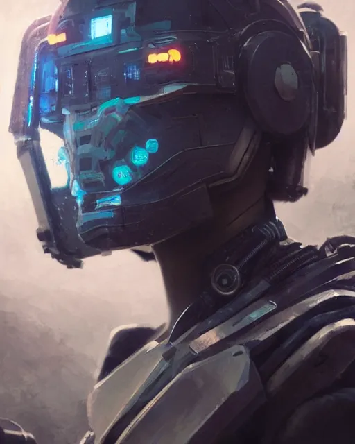 Image similar to maya hawke as cyberpunk armored gunman, scifi character portrait by greg rutkowski, esuthio, craig mullins, 1 / 4 headshot, cinematic lighting, dystopian scifi gear, gloomy, profile picture, mechanical, half robot, implants, steampunk