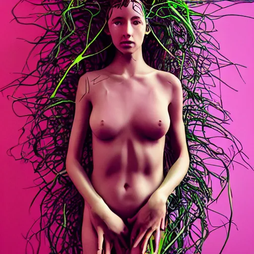 Prompt: flume and former cover art future bass girl un wrapped statue bust curls of hair petite fertility lower body legs lush body photography model body art futuristic branches fractal material style of Jonathan Zawada, Thisset colours