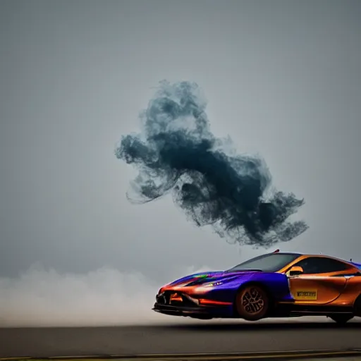 Image similar to muted colorful smoke forms into vague shape reminiscent racing dragon.