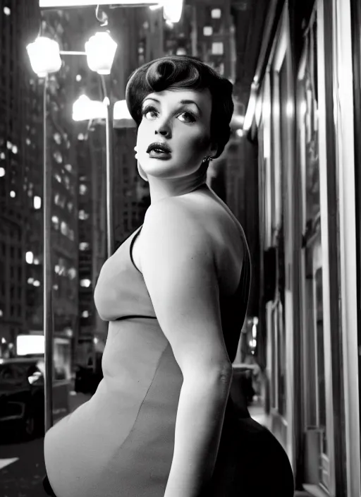 Prompt: a hyper realistic and detailed head portrait photography of a joan holloway, curvy, of mad men on madison avenue, new york city. by annie leibovitz. noir style. cinematic. neon lights glow in the background. ilford hp 5 4 0 0, canon eos c 3 0 0, ƒ 1. 8, 3 5 mm, 8 k, medium - format print