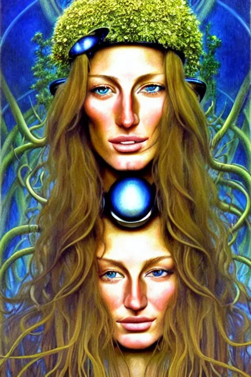 Prompt: realistic detailed face portrait painting of a beautiful gisele bundchen with blond hair with sci-fi headwear, futuristic sci-fi forest on background by Jean Delville, Amano, Yves Tanguy, Alphonse Mucha, Edward Robert Hughes, Roger Dean, moebius, hilma af klint, rich moody colours, blue eyes