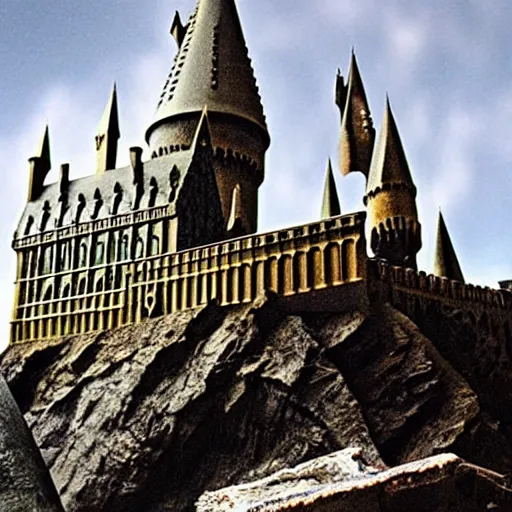 Prompt: Hogwarts castle destroyed, broken windows, broken rampart, wizards mourning