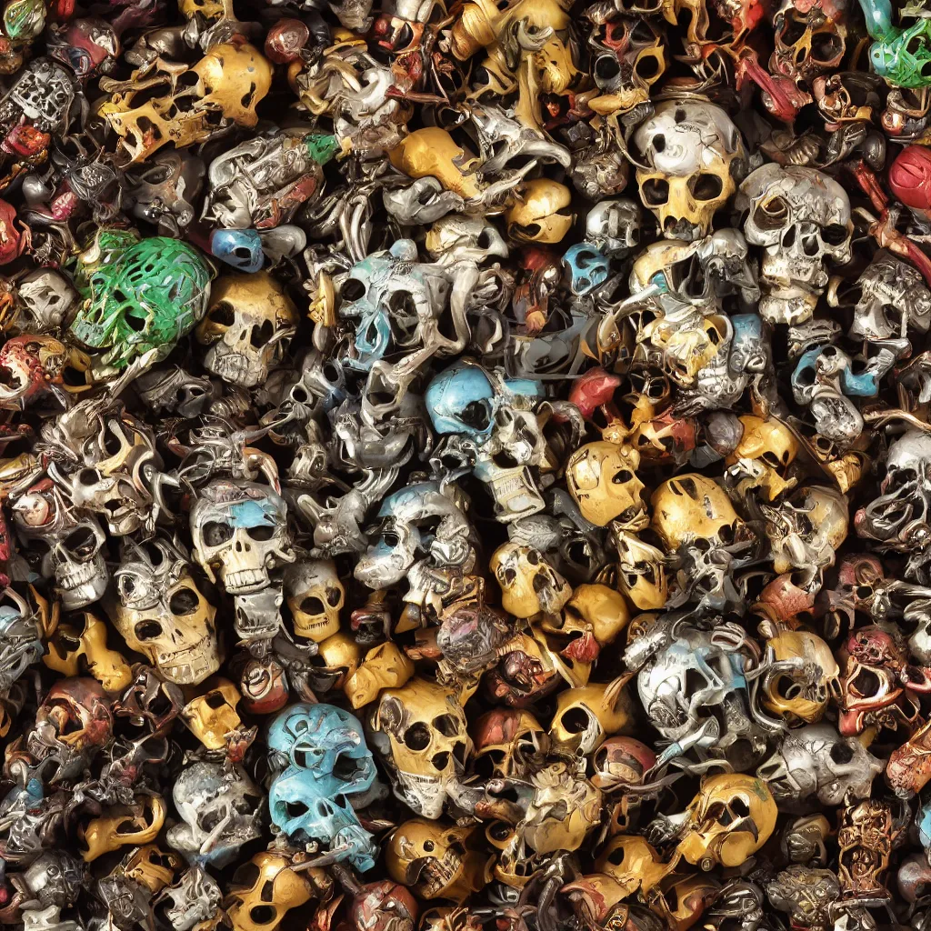 Image similar to a collection of rare large insects and metal skulls, inside different color wooden boxes. top down photo, close macro photo. cinema 4d render , studio photo, 8k