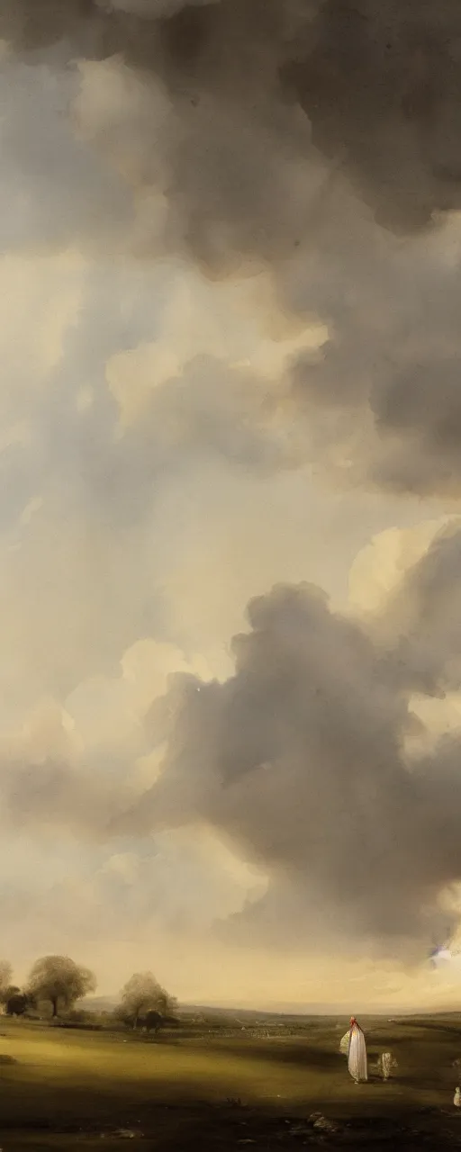 Prompt: a beautiful watercolor painting of a white landscape, gigantic mushroom - shaped clouds in the horizon, an angel standing still, human figures standing still, ash and meteors falling from the sky, in the style of paul sandby and antonio guidotti, 8 k, trending on artstation, pastel color scheme