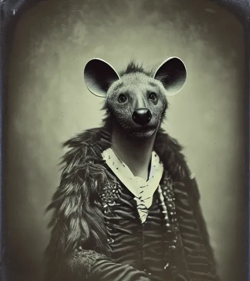 Image similar to professional studio photo portrait of anthro anthropomorphic spotted hyena head animal person fursona wearing elaborate pompous silver skull robes clothes by Louis Daguerre daguerreotype tintype