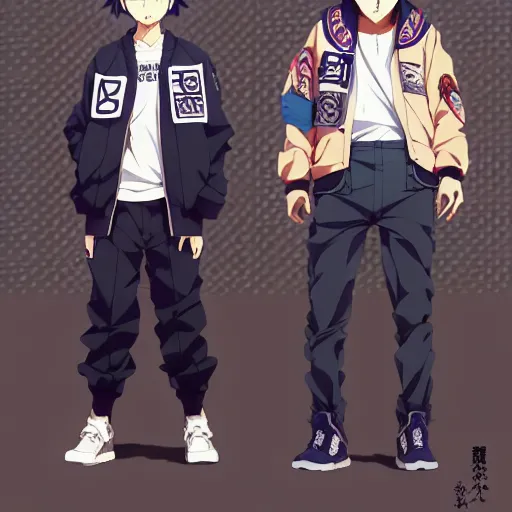 Image similar to a beautiful androgoynous anime boy gravure model, wearing oversized mayan bomber jacket and leotard with overalls, bulky poofy bomber jacket with mayan patterns, aztec street fashion, gapmoe yandere grimdark, trending on pixiv fanbox, painted by greg rutkowski makoto shinkai takashi takeuchi studio ghibli, akihiko yoshida