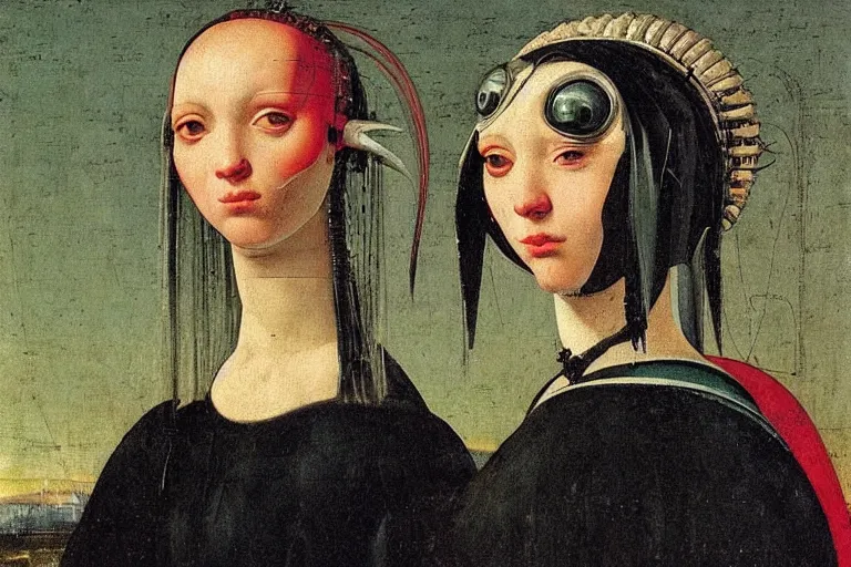 Prompt: close up portrait of a cute punk goth alien martian fashion girl in a fluorescent cyberpunk futuristic city, oil painting by canaletto hieronymus bosh leonardo da vinci piero della francesca botticelli