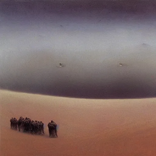 Prompt: a dark roiling storm full of ghostly faces rolling across rolling sand dunes, painting by beksinski and peter mullen.