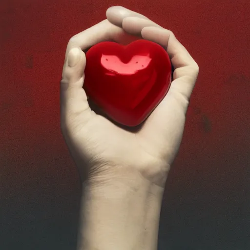 Prompt: album art of a white hand holding a red grenade shaped like a heart by chris bilheimer, surreal, illustrated, 8 k