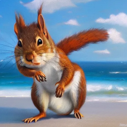 Prompt: a happy squirrel smiling on the beach by greg rutkowski and thomas kinkade, trending on artstation, 3 d render octane