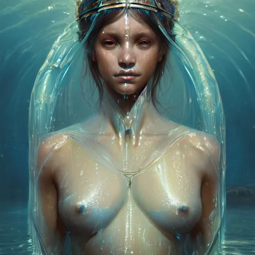 Image similar to a beautiful portrait of a water goddess with transparent skin by Greg Rutkowski and Raymond Swanland, Trending on Artstation, water background, ultra realistic digital art