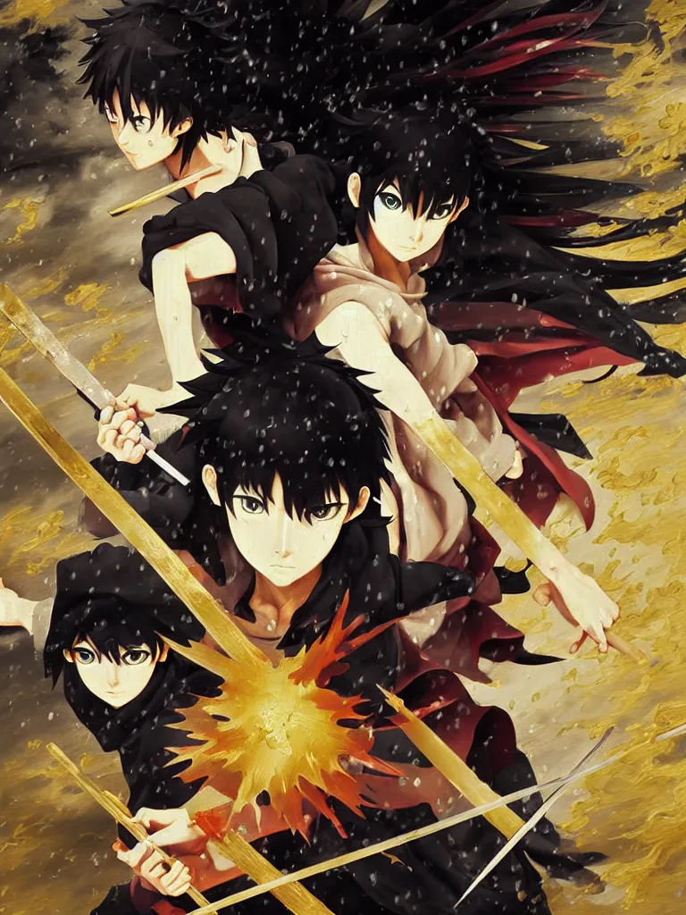 Image similar to baroque oil painting of key visual ninja duel, rain, rule of thirds golden ratio, fake detail, trending pixiv fanbox, acrylic palette knife, style of makoto shinkai takashi takeuchi yoshiyuki sadamoto